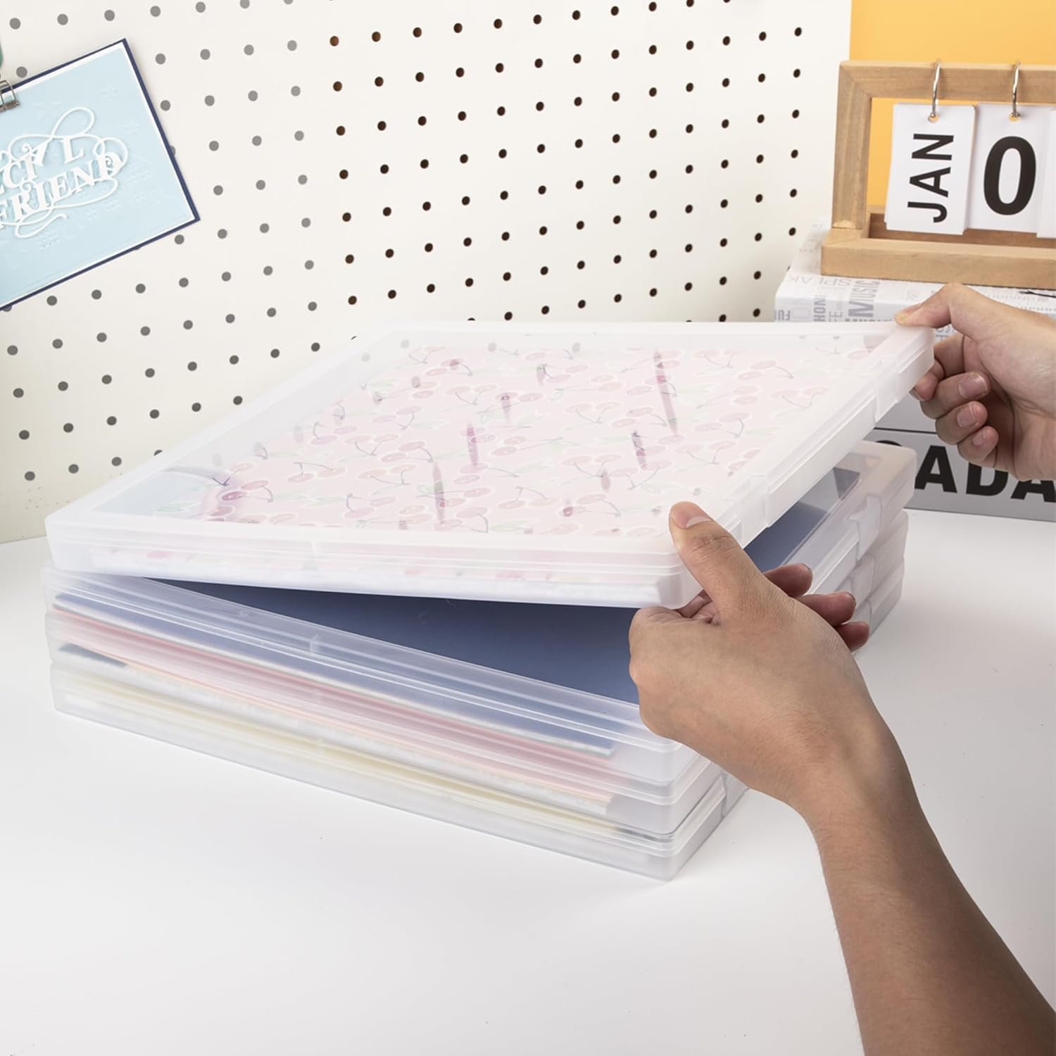 Scrapbook Paper Storage, 4 Pack Stackable Plastic File Storage Box Set, 12"x12"x1.1" Craft Organizer Storage, U-Shaped Locking Mechanism, Ideal for Office, Home, and School Document Organizer - Image 2