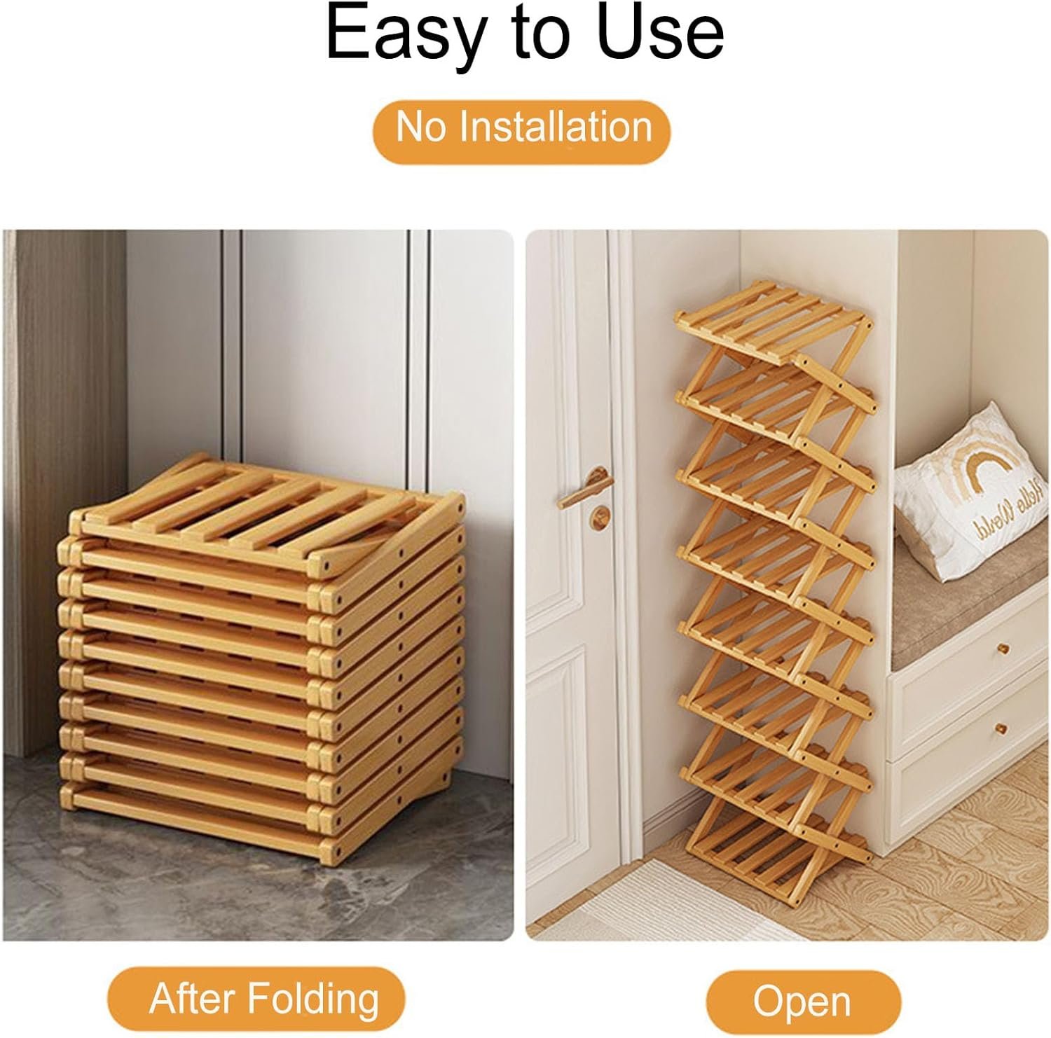 Shoe Rack, Foldable Bamboo Shoes Shelf, Freestanding Shoe Storage Organiser for Entryway, Hallway, Bedroom, Closet (Wood Color, 3 Layers) - Image 2