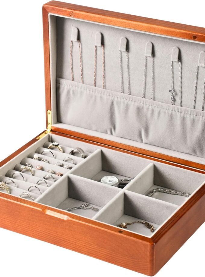 Wooden Jewelry Box for Women, Medium Size Real Natural Solid Wood Antique Organizer with Earring Storage, Ring Compartments, Built in Necklace Hooks,