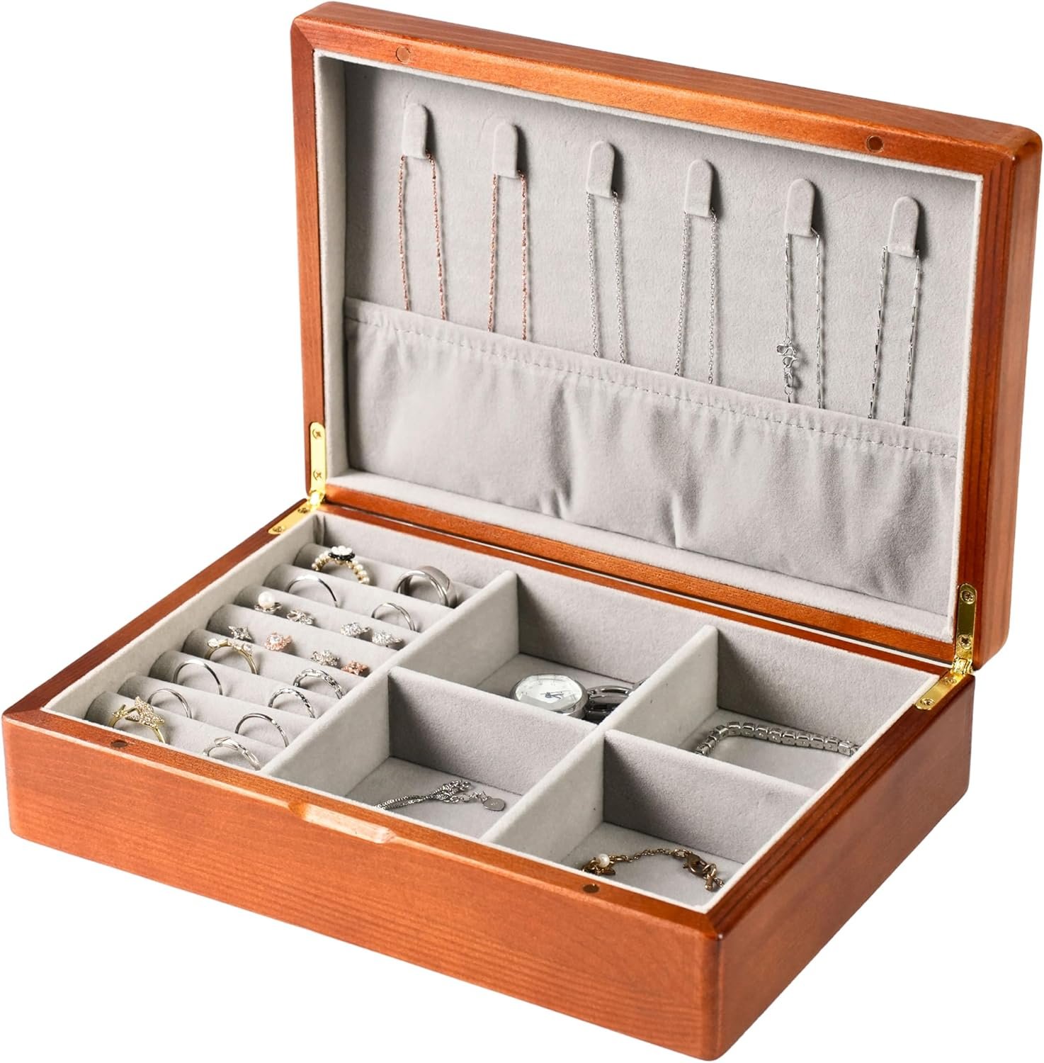 Wooden Jewelry Box for Women, Medium Size Real Natural Solid Wood Antique Organizer with Earring Storage, Ring Compartments, Built in Necklace Hooks,