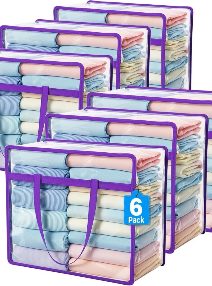 6 Pack Clear Zippered Storage Bags for Clothes,40L Closet Organizers and Storage Containers Vinyl Moving Bag for Bedding, Linen, Blankets, Comforters, Clothing & Toys