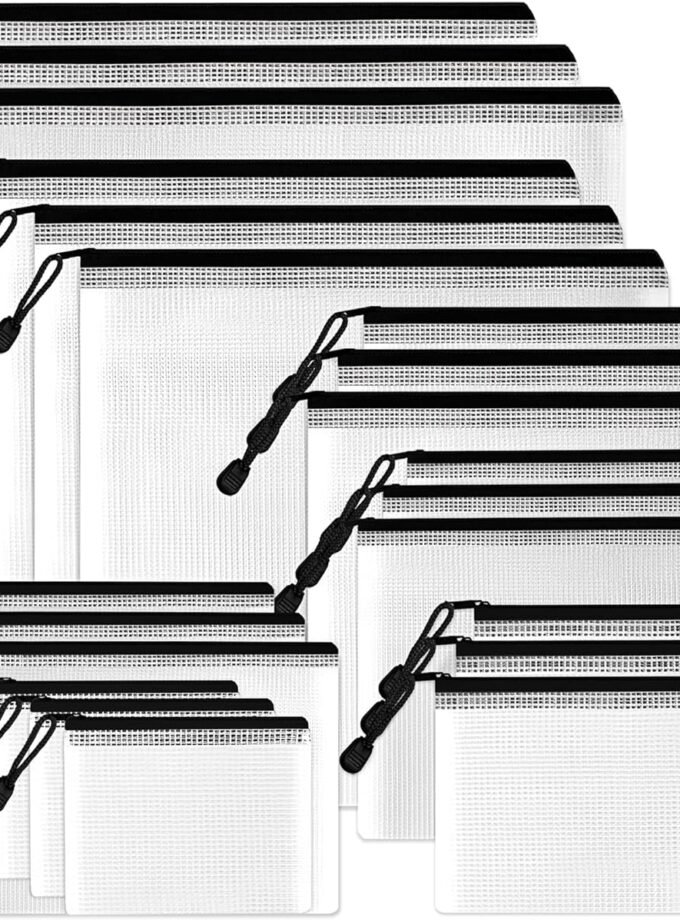 Multisize Mesh Zipper Pouches (Black, 21 Packs), Water-Resistant Zip Bag for School Office Supplies, Puzzles & Games Organizing Storage