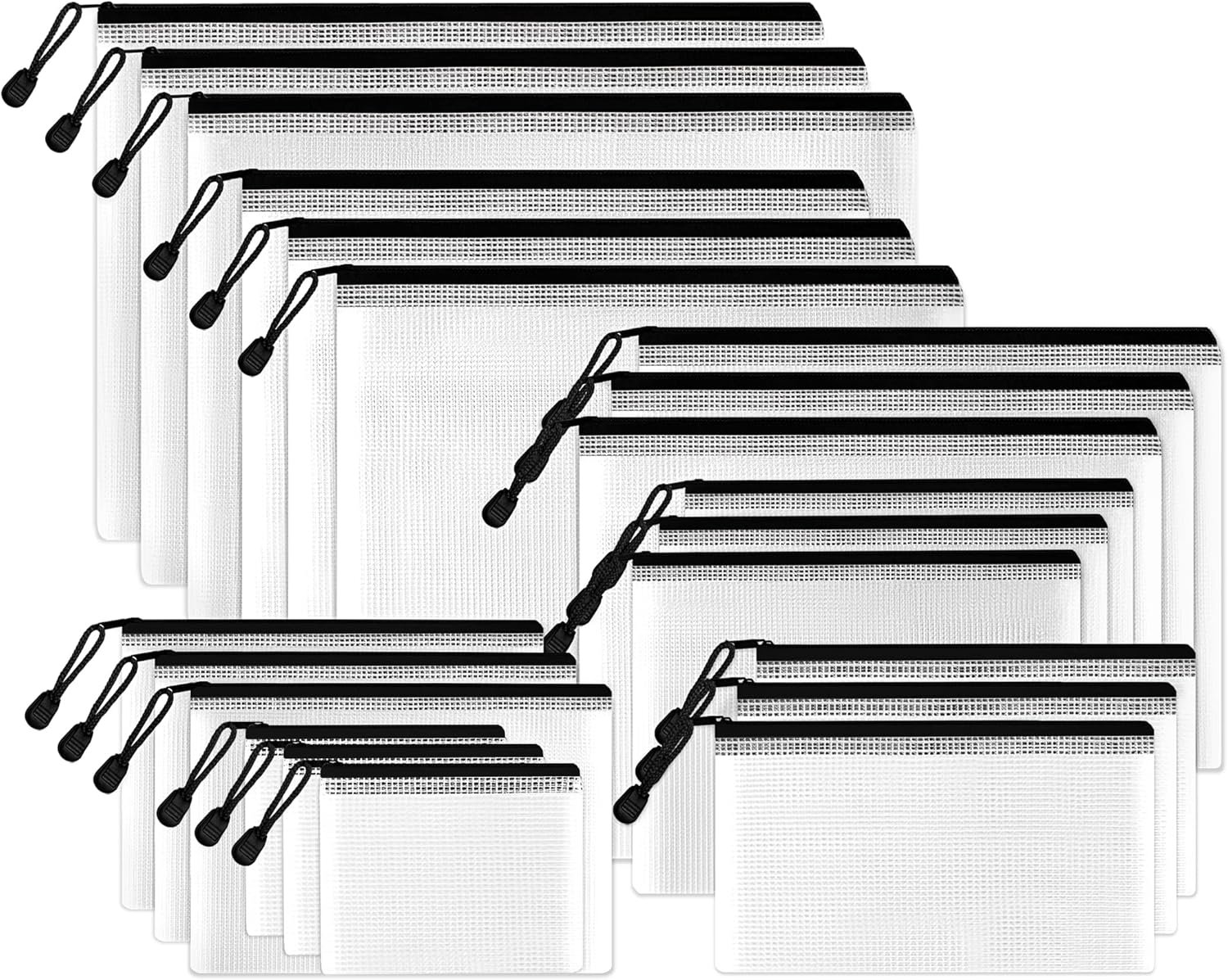 Multisize Mesh Zipper Pouches (Black, 21 Packs), Water-Resistant Zip Bag for School Office Supplies, Puzzles & Games Organizing Storage