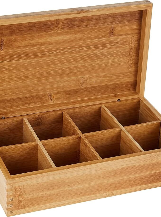 Bamboo Wood Tea Box with 8 Compartments, 12-3/8" x 7-3/8" x 3-3/5"