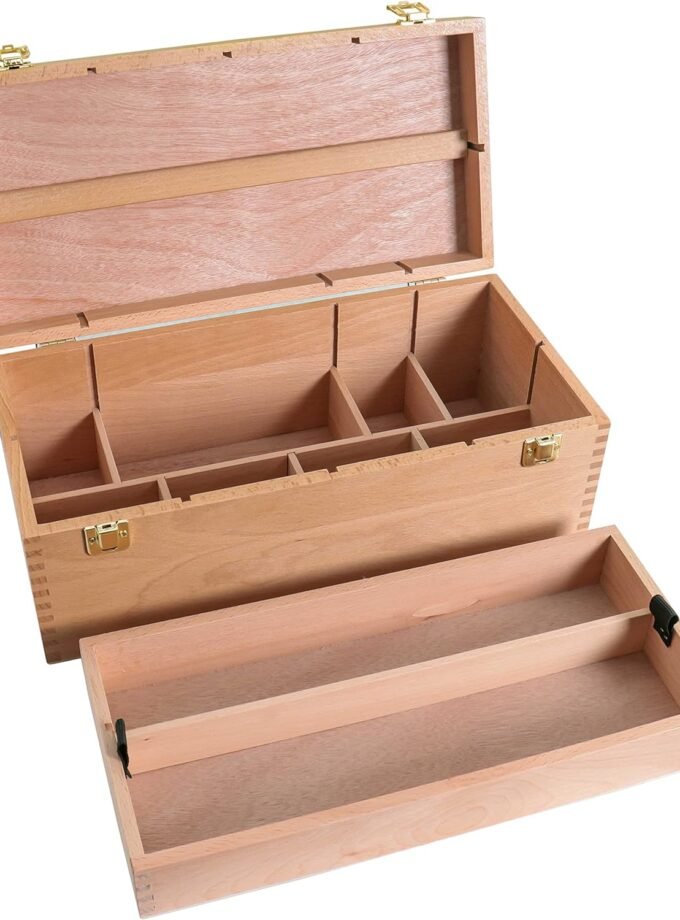 Multi-Function Artist Supply Box with Locking Clasps & Removable Tray - Wooden Art Box for Artist Supplies, Brushes, Pencils, Erasers, Tool Storage Organizer Case