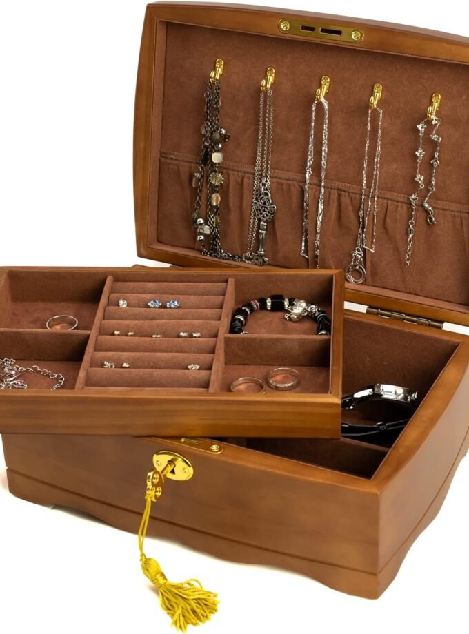Wooden Jewelry Box with Lock & Key for Women, Medium Size Real Natural Wood Lockable Antique Organizer with Large Storage, Big Ring Compartments, Built in Necklace Hooks, Brown