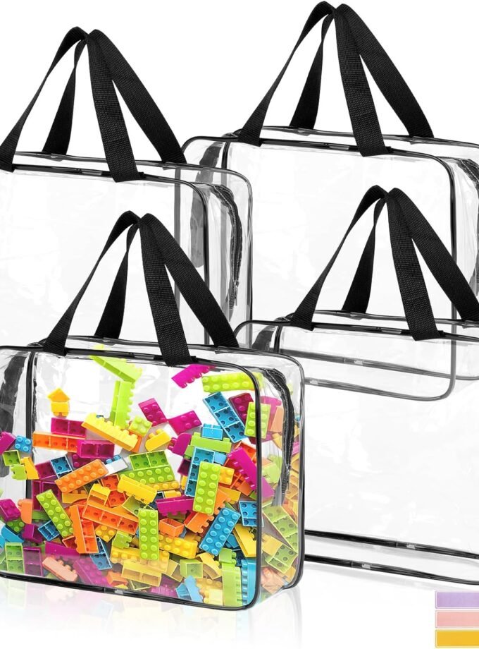 4 Pack Toy Storage Bags, Clear PVC Toy Organizer with Zipper, Large Black Waterproof Reusable Toy Bags with Labels for Puzzles, Building Blocks, Board Game, Stationery, Kids Books