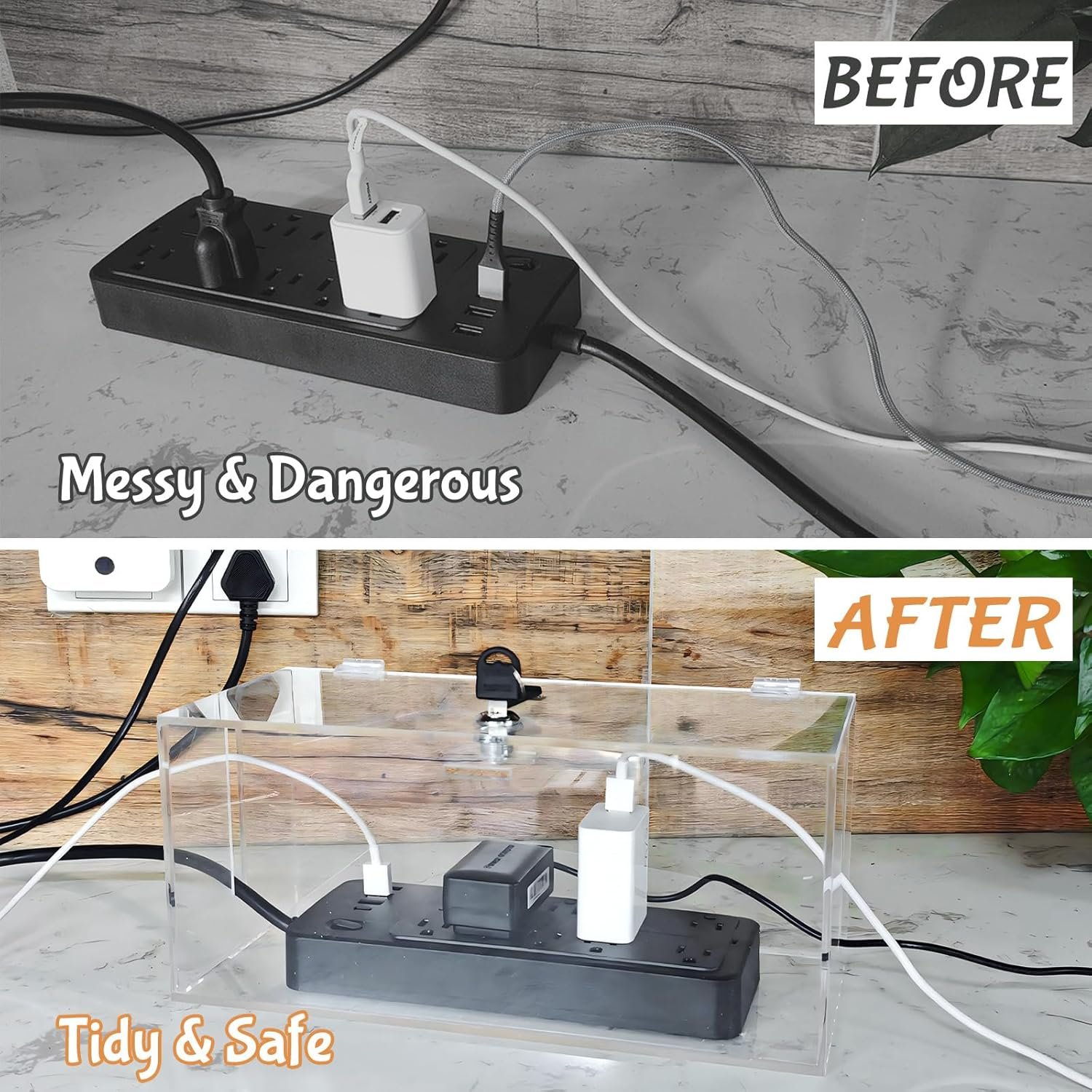 2PC Acrylic Plug Organizer Upgrade,Cable Management Box with Lock,Cable Organizer Box for Surge Protector Power Strip,TV Computer,Cable Wires of Home,Office,Child and Pet Proof - Image 2