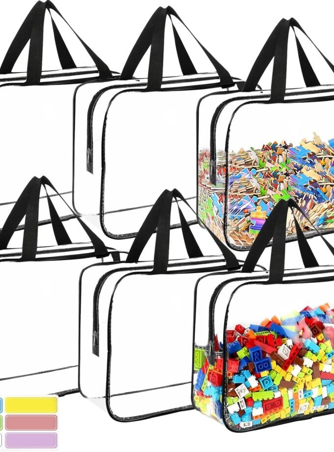 6 Packs Large Toy Storage Bags with Labels, Reusable Clear PVC Board Game Storage, Travel Waterproof Organizer Bags with Zipper for Building Blocks, Puzzle, Kids Books