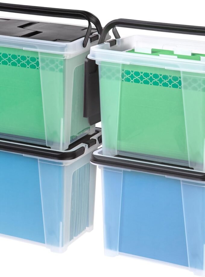 File Box File Organizer w/ Wing Lid for / File, Water Resistant Document Box, -Free Plastic Storage Bin Organizer with Handles, Stackable, Nestable, Clear 18 Qt. 4Pack