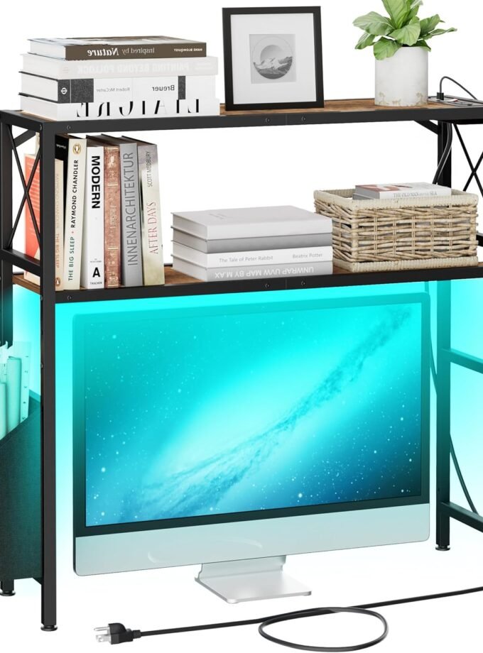 Desk Shelf, 2 Tires Desktop Bookshelf, 31.9 Inchs Desk Hutch for Monitor, Desktop Shelves with Outlet and LED Light, Adjustable Height Desktop Shelf, for Home, Office, Dorm, Brown EDS11BR02