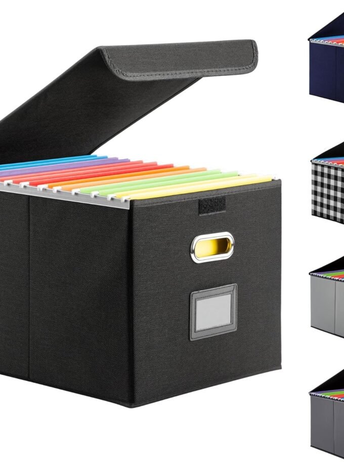 File Organizer Box, Linen Filing Organizer with Lid, Large Desktop File Boxes, Black