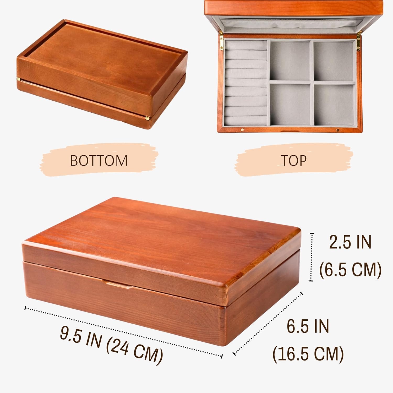 Wooden Jewelry Box for Women, Medium Size Real Natural Solid Wood Antique Organizer with Earring Storage, Ring Compartments, Built in Necklace Hooks, - Image 2