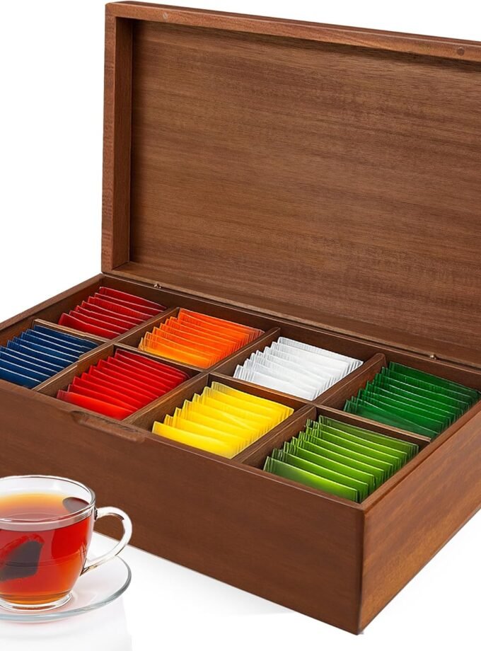 Acacia Wood Tea Bag Organizer Box – 8-Compartment Tea Storage Container Tea Caddy Holder with Removable Dividers – Rustic Tea Chest for Kitchen Counter, Coffee & Tea Station, Gifts