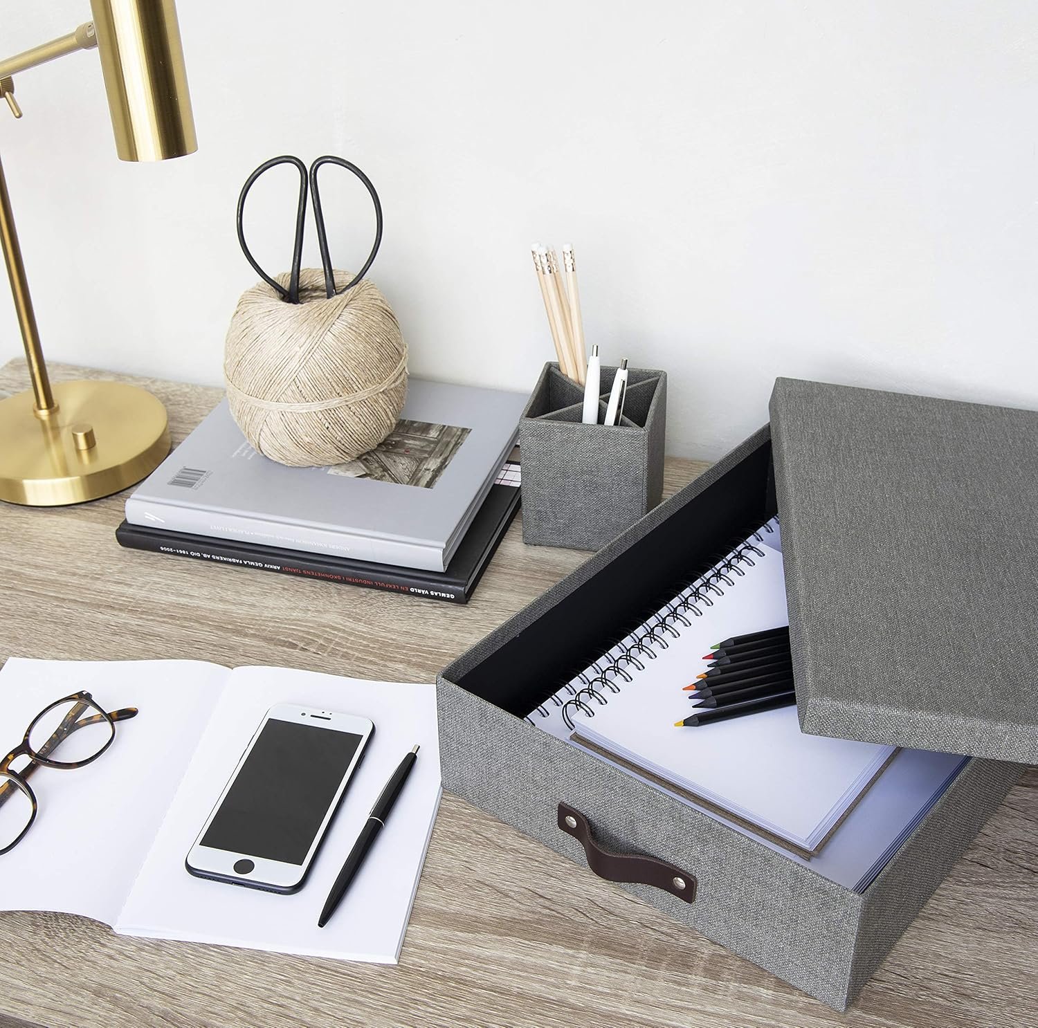 Canvas Fiberboard Document Box - File Organizer Box for Important Paperwork - Document Storage with a Lid & Leather Handle - 3.3 in x 10.2 in x 13.8 in - Gray - Image 2