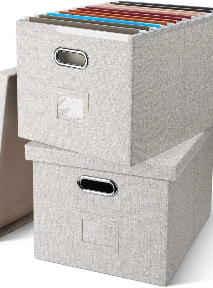 File Organizer Box, Decorative Storage Filling Box with Lid for   Size Hanging Folders Collapsible Linen File Folder Box Office Document Storage Filing Bin, Beige 2 Pack